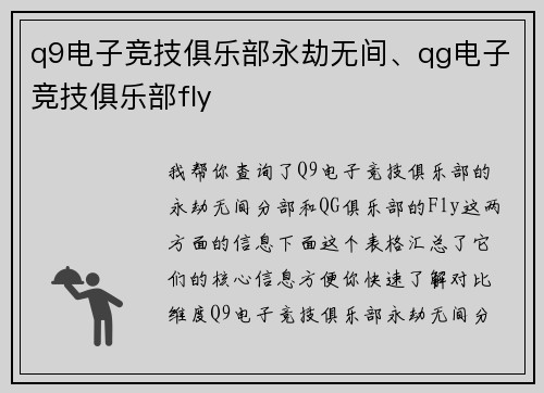 q9电子竞技俱乐部永劫无间、qg电子竞技俱乐部fly